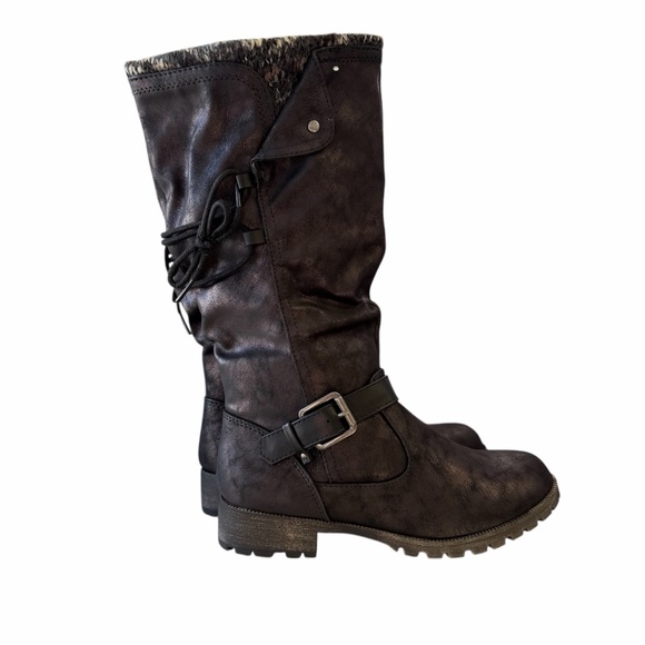 Jellypop Mid Calf Black Boots Riding Moto Buckle Slouchy Lace Up Winter Women’s - Picture 5 of 7